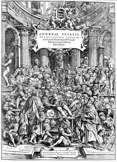 Page de titre de "De Corporis Humani Fabrica" ou Vesalius disseque un corps humain, Basel, 1543