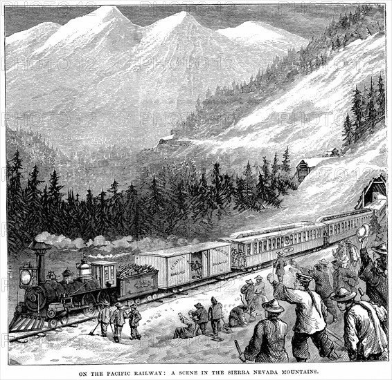 Engraving showing the Central Pacific Railroad in the Sierra Nevada mountains