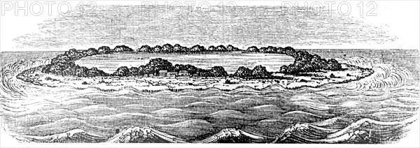 Engraving showing a coral reef creating a lagoon
