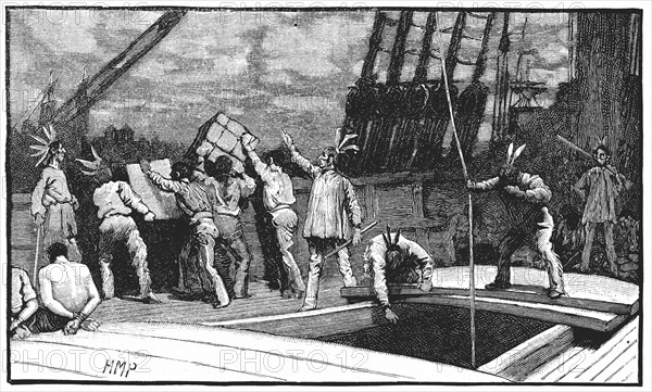Engraving showing the Boston Tea Party, 26 December 1773