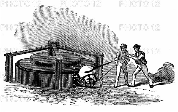 Ouvriers placant une boule de marcassite brulante dans la machine a mouler rotative a serrage par pression
