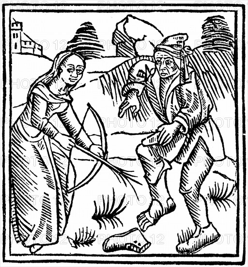 Woodcut showing a witch shooting a man in the foot with an enchanted arrow made from a hazel wand