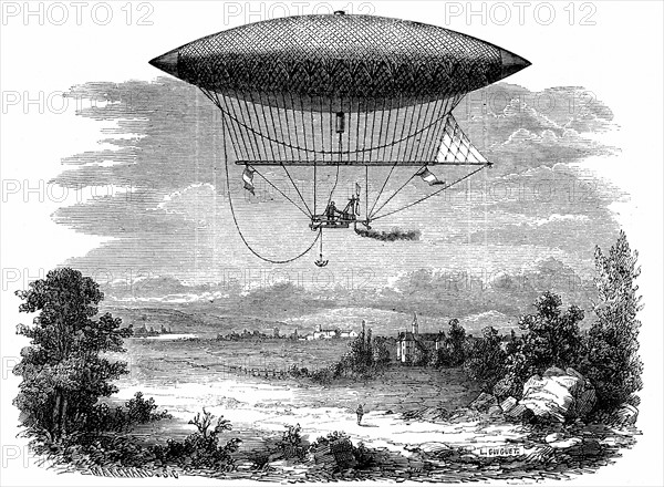 Henri Giffard's (1825-1882) steam powered steerable (dirigible) airship during its ascent of 25 September 1852; cigar shaped gasbag
