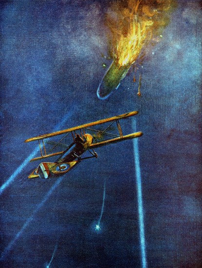 Zeppelin airship shot down by Leefe Robinson at Cuffley near London, September 1916