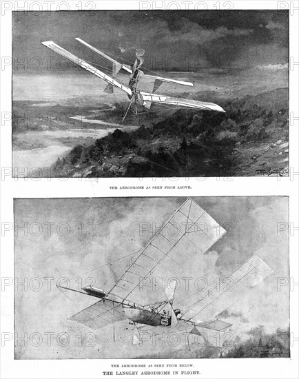 S.P. Langley (1834-1906), astronome et pionnier americain de l'aeronautique a bord de son avion a vapeur baptise "Aerodrome"