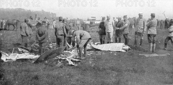 French Air ace Adolphe Pegoud, wreckage of plane in which Pegoud was killed in action, 1915