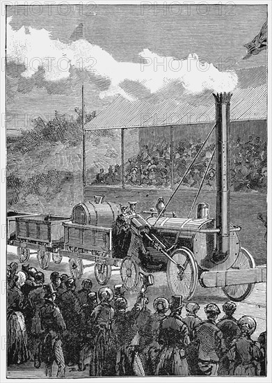 George Stephenson's locomotive 'Rocket' winning the competition at Rainhill Bridge
