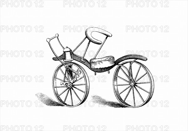 Lewis Gompertz's improvement on Baron von Drais's bicycle, powered by a rack-and-pinion on the front wheel
