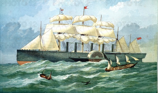 Isambard Kingdom Brunel's steam ship 'Great Eastern' showing housing for paddle wheel, and sails