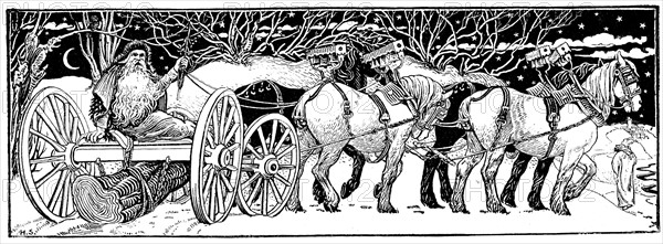 Bringing home the Yule Log, Father Christmas driving a team of cart horses pulling a timber wagon