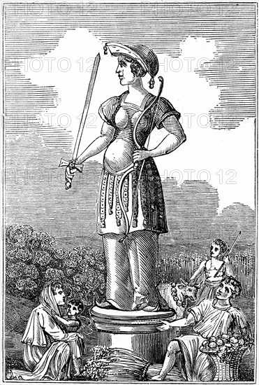 Woodcut showing Freya or Frigg goddess of love in Scandinavian mythology, wife of Odin
