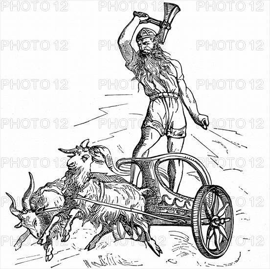 Thor son of Woden or Odin, the second god in the ancient Scandinavian pantheon, riding in chariot drawn by goats and wielding his hammer