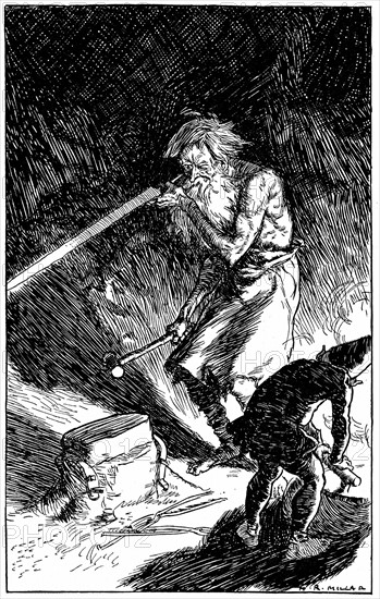 Puck helping Wayland, Smith of the Gods, to forge a sword for the novice who, by sincerely wishing him well, released him from the spell which bound him