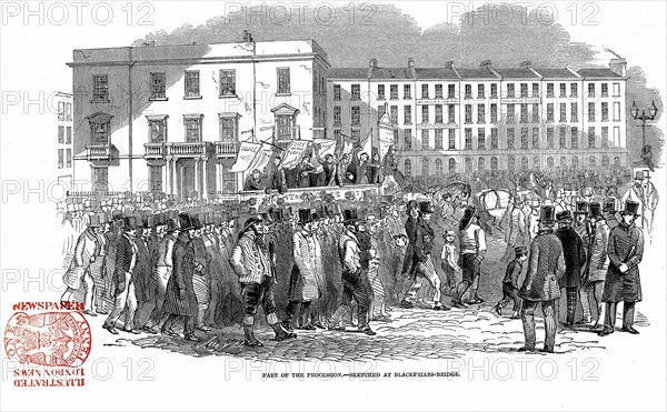 Chartists processing from the mass meeting on Kennington Common towards Blackfriars Bridge, London