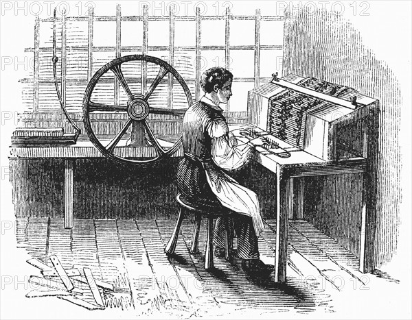 Man operating machine for punching cards for Jacquard looms