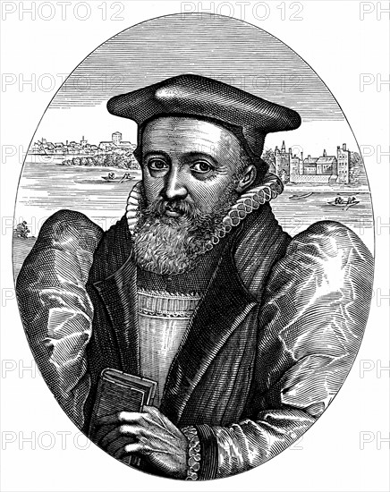 Georges Abbott (1562-1633), clerc anglais, Archevêque de Canterbury à partir de 1611, portant un livre de prières