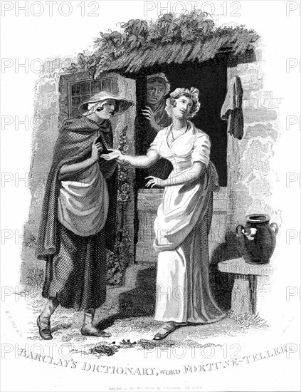 Country girl having her hand read by an itinerant fortune teller