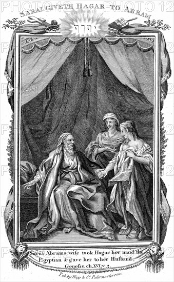 Sarah, Abraham's wife, being barren, offers Hagar her maid to her husband