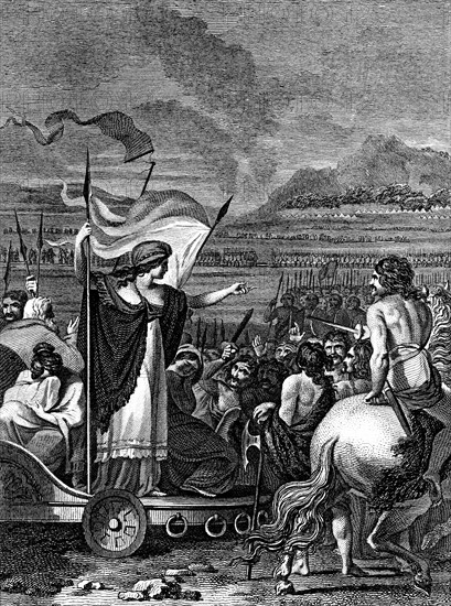 Boudicca (Boadicea) lst century British queen of Iceni, rallying her troops