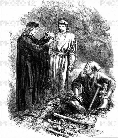 Hamlet in the graveyard with Horatio and the clown, examines Yorick's skull
