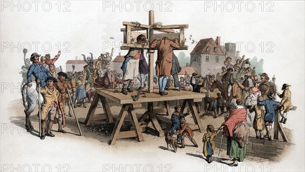 The Pillory. Four men being punished in the pillory jeered at by a crowd