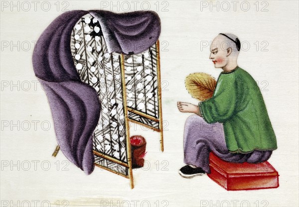 Peinture chinoise; Homme asséchant des cocons de vers à soie