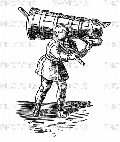 An apprentice, carrying a vessel wooden  as tall as himself, on his way to fetch water