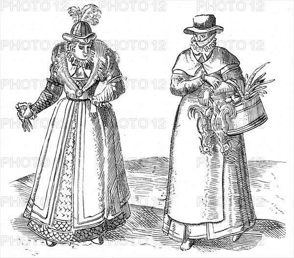 English countrywoman carrying basket of chickens and wearing apron over plain clothes