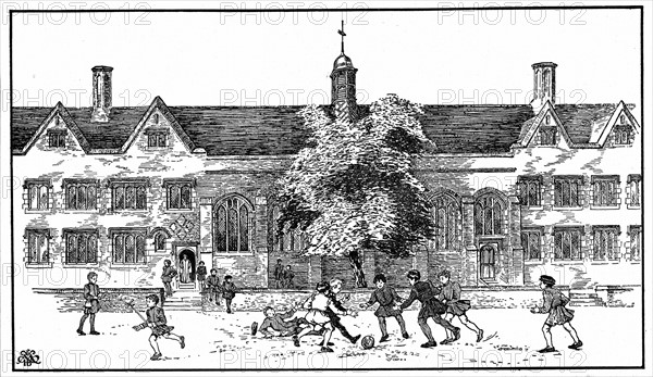 Artist's impression of boys in Tudor times playing football at Berkhamsted Grammar School, Hertfordshire