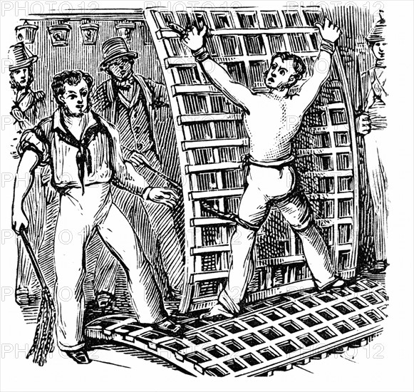 Naval discipline: British sailor, tied to the grating, being flogged with Cat-O-Nine-Tails
