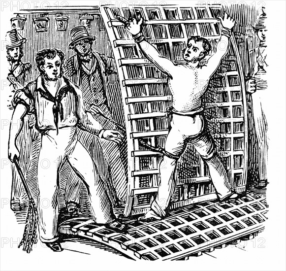 Naval discipline: British sailor, tied to the grating, being flogged with Cat-O-Nine-Tails