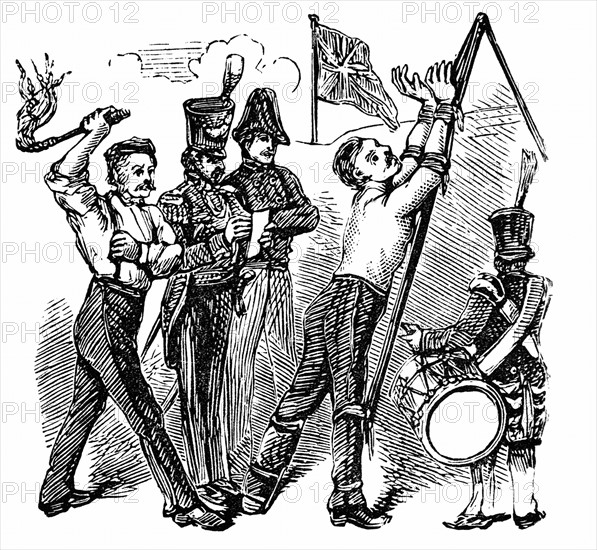 Military discipline: British soldier, tied to the Triangle, being flogged with Cat-O-Nine-Tails
