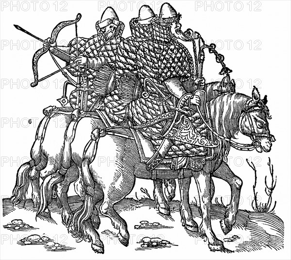 Mounted Muscovite warriors equipped with bows and arrow, swords and quilted armour