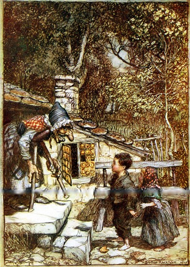 Hansel and Gretel and the Witch on the doorstep of her cottage, showing tiles made of gingerbread. Arthur Rackham illustration for Brothers Grimm fairy story Copyright must be cleared.
