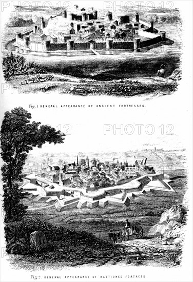 Fortifications: Ancient fortress with curtain walls, top, and bastioned fortress, bottom