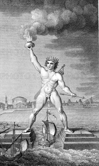 Colossus of Rhodes, lighthouse in form of giant marking the entrance of the harbour by holding a flaming torch in its hand, constructed c292-280 BC. Engraving