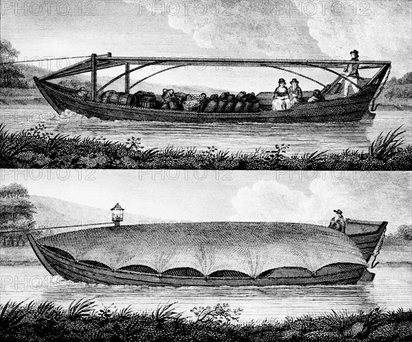 Canal boat for passengers and freight with framework for tarpaulin