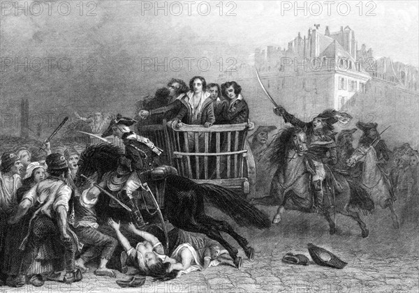 French Revolution: Last victims of the Reign of Terror being taken to the guillotine in a tumbril. Engraving