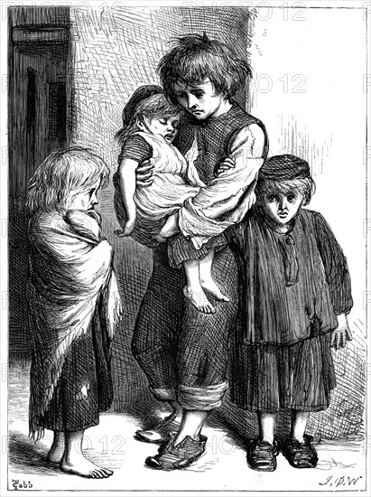 The Children of the Poor (Les Enfants Pauvres) - "The Ragged Babes That Weep". Miserable, ragged, undernourished children. Illustration by T Cobb for Algernon C Swinburne translation of poem by Victor Hugo, London c1875.  Wood engraving
