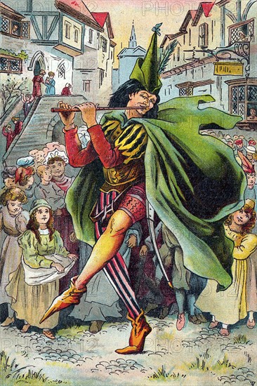 Pied Piper leading away children of German town of Hamelin