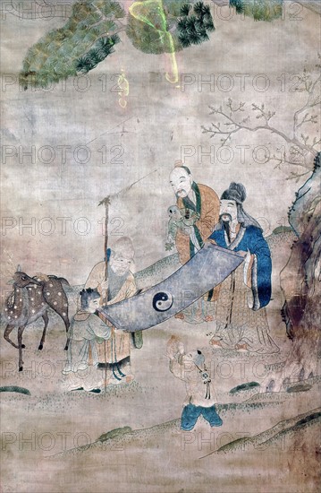 Three sages of T'ai Chi surrounded by symbols of long life and immortality