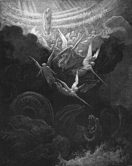 Archangel Michael and his angels fighting the dragon