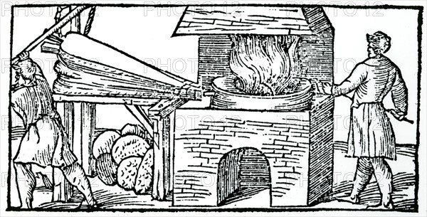 Using bellows to increase draught in furnace for refining copper