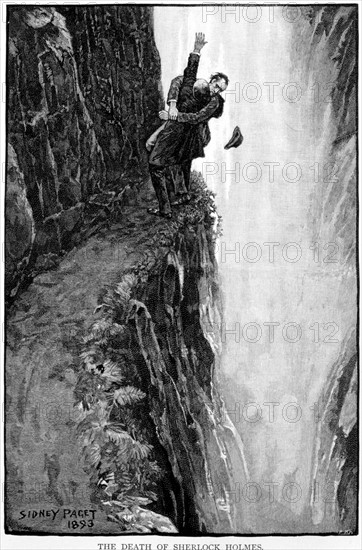 Arthur Conan Doyle "The Adventure of the Final Problem" Strand Magazine, London, 1893. Illustrated by Sidney E. Paget (1860-1908), the first artist to draw Sherlock Holmes. Death of Holmes and Professor Moriarty plunge over the edge of the Reichenbach Falls.
