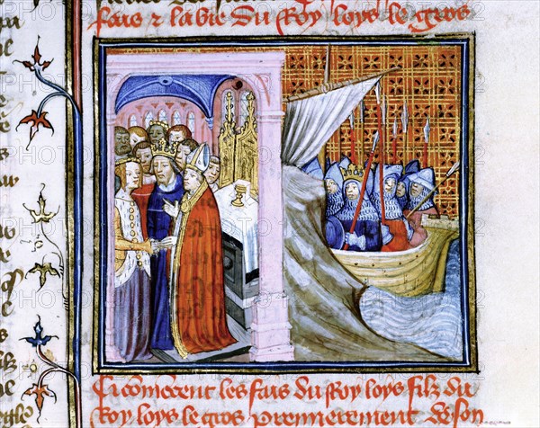 Marriage of Eleanor of Aquitaine (c.1122-1204) and Louis VII of France (1137) left, and embarkation for Second Crusade 1147-49. From 'Chronique de St Denis', Musee Conde, Chantilly. Eleanor's second marriage was to Henry Plantagenet, Henry II of England