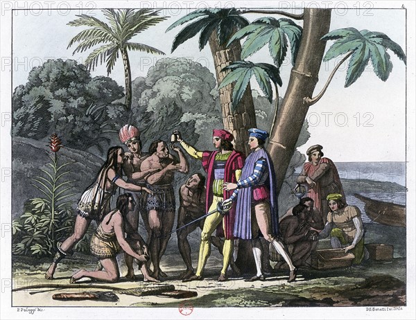 Columbus presenting gifts to the first natives