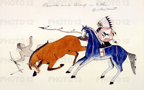 Unhorsing of PAWNEE warrior by the spear of SIOUX warrior Zintka Mato