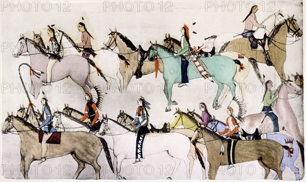 Sioux warriors leading away captured horses after defeating Custer's troops