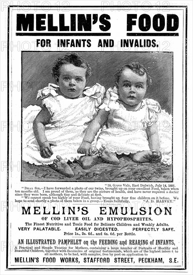 Advertisement for Mellin's Emulsion, food supplement based on cod liver oil, recommending it for children and invalids