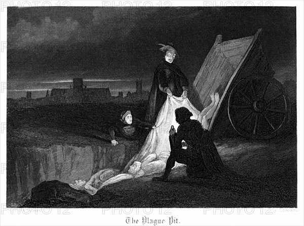 Consigning bodies of the plague to a communal grave in the plague pit